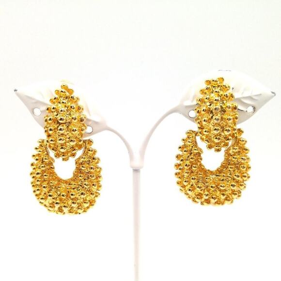 Vintage Brutalist Style Dangle Clip Earrings, Gold Tone, 1 3/4 Inches - Picture 5 of 8